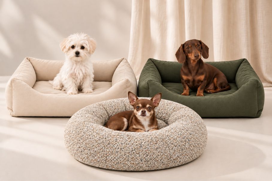 Malteser, Dackel und Chihuahua in drei Hundebetten: eckig in Beige und Olive, rund aus Bouclé