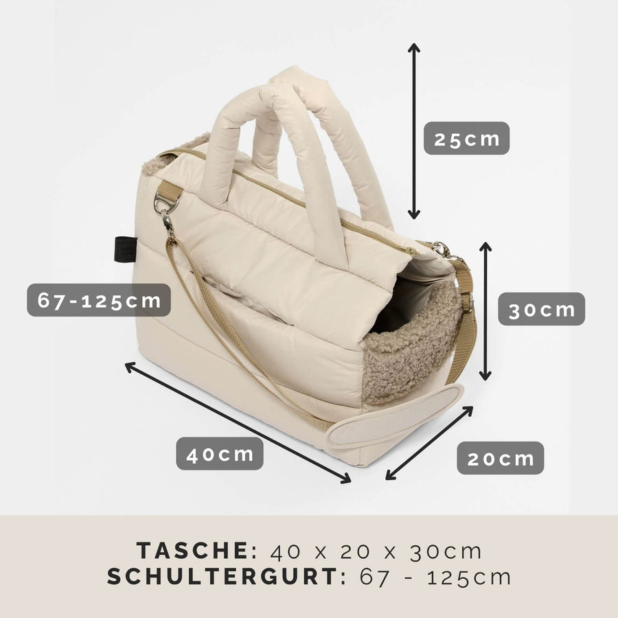 Maße der Hundetragetasche SARA: 40 × 20 × 30 cm, Schultergurt 67 bis 125 cm