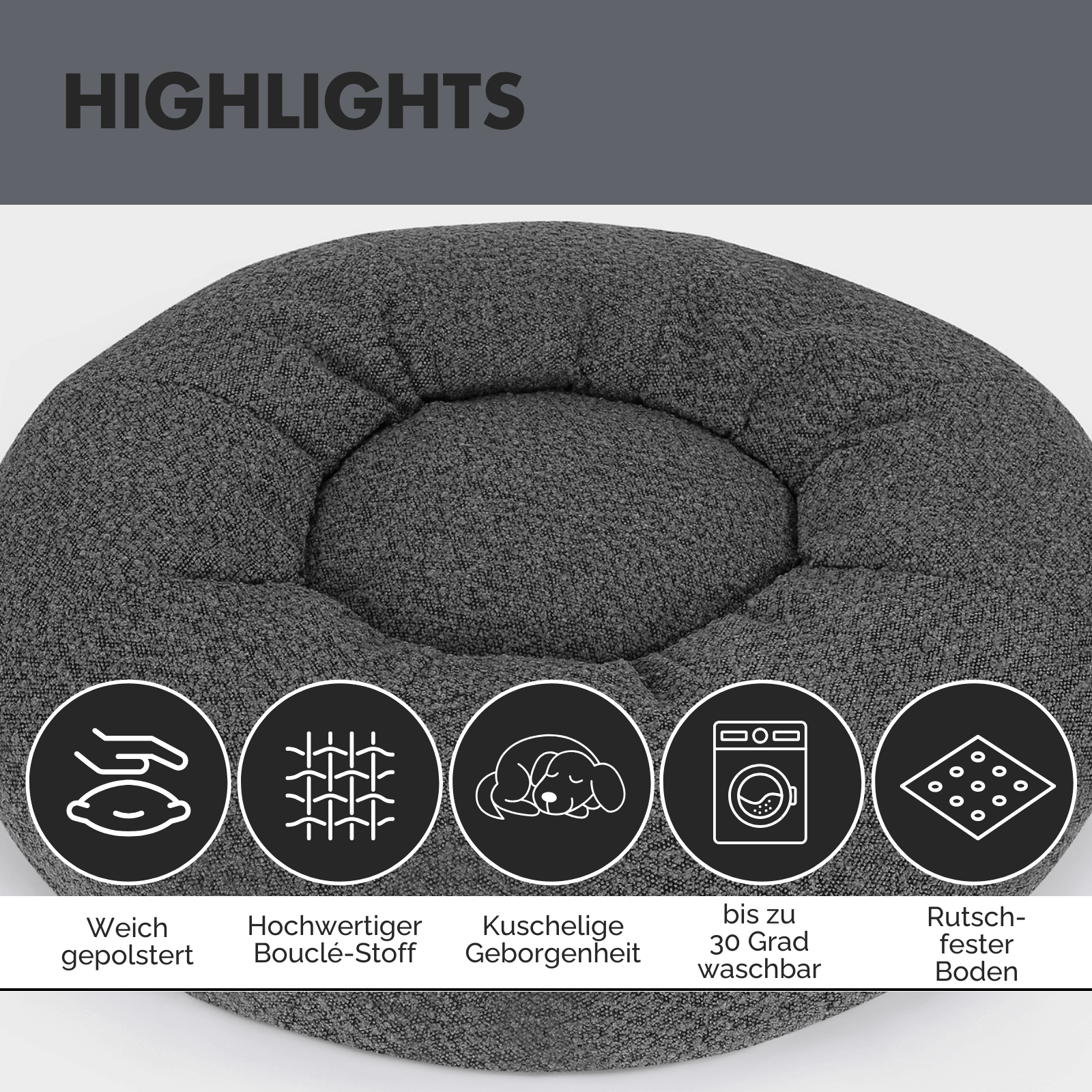 Hundebett LENI Bouclé Grau Ø 80cm - paw-wow