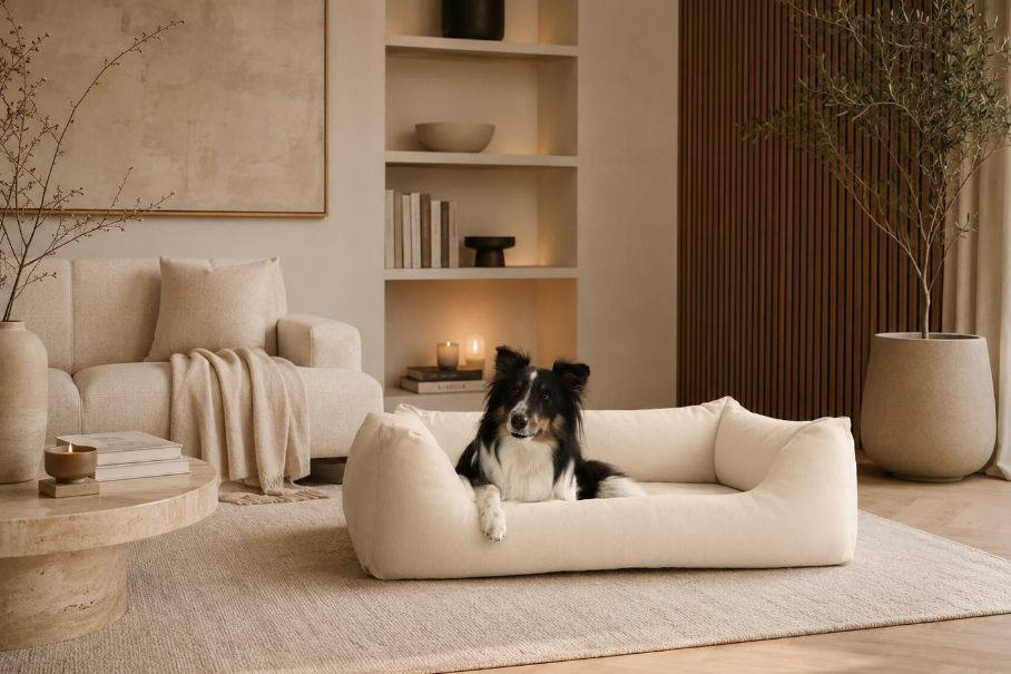 Border Collie liegt in einem eckigen Hundebett in Beige im Wohnzimmer