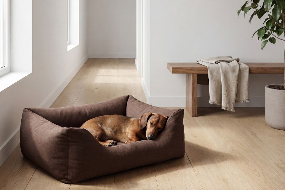 Dackel schläft eingekuschelt in einem eckigen Hundebett in Braun