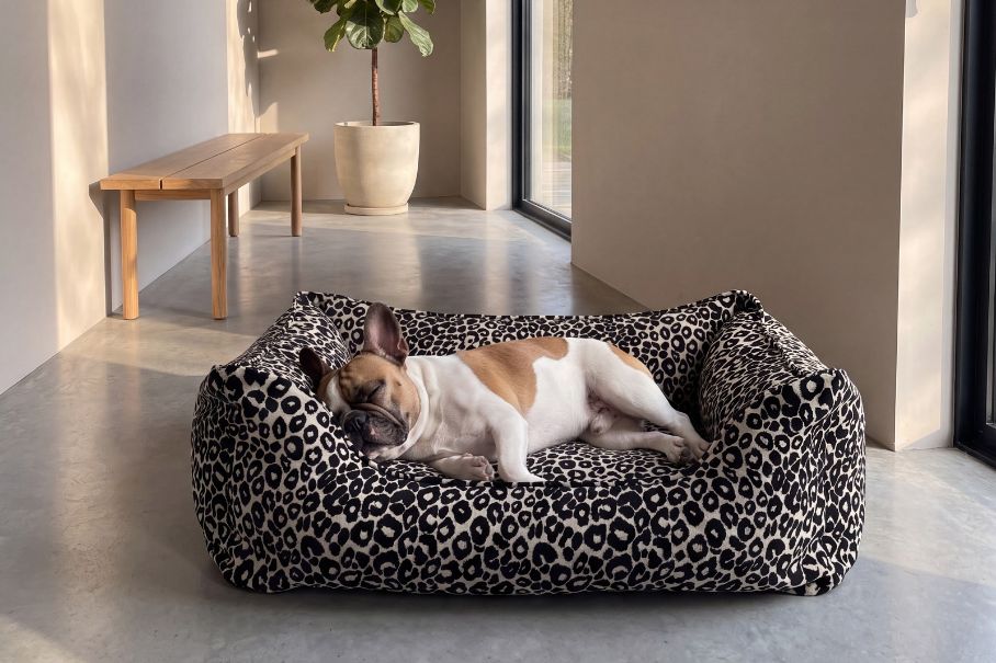 Französische Bulldogge schläft in einem eckigen Hundebett mit Leo-Muster