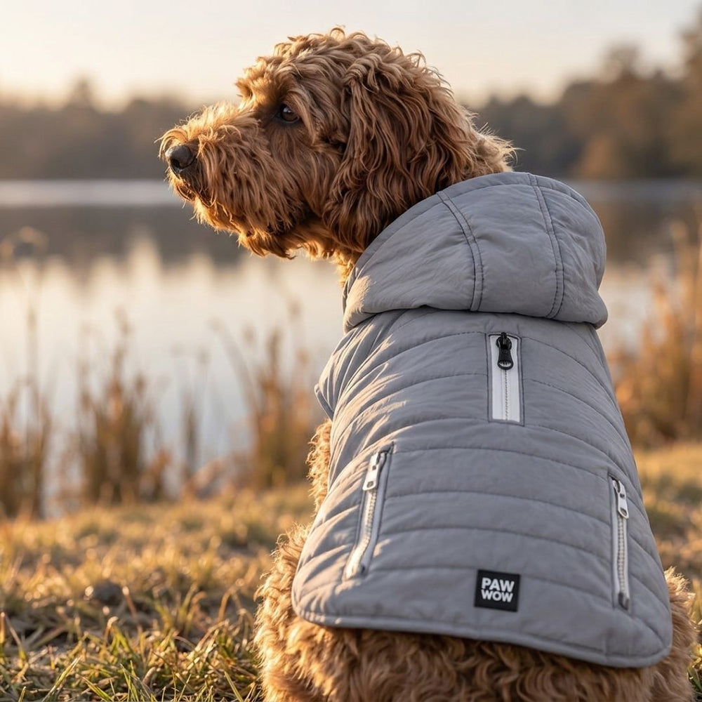 Hund im grauen Wintermantel IMMI mit Geschirr-Öffnung auf dem Rücken