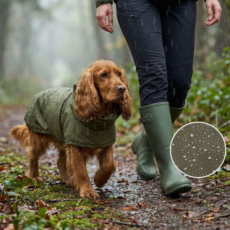 Cocker Spaniel mit Hunderegenmantel OSKAR auf einem nassen Waldweg