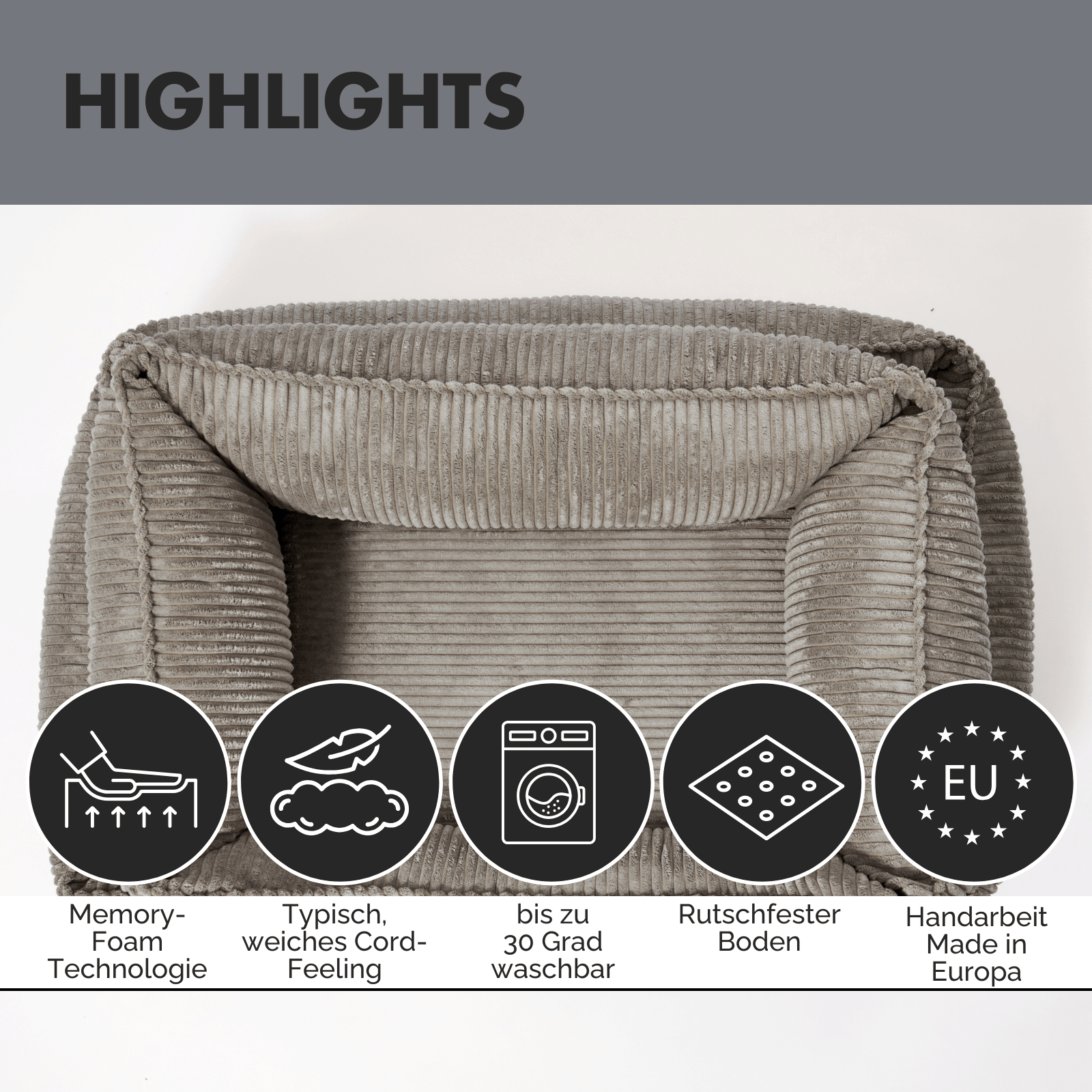 Hundebett ANTON Cord Grau - paw-wow