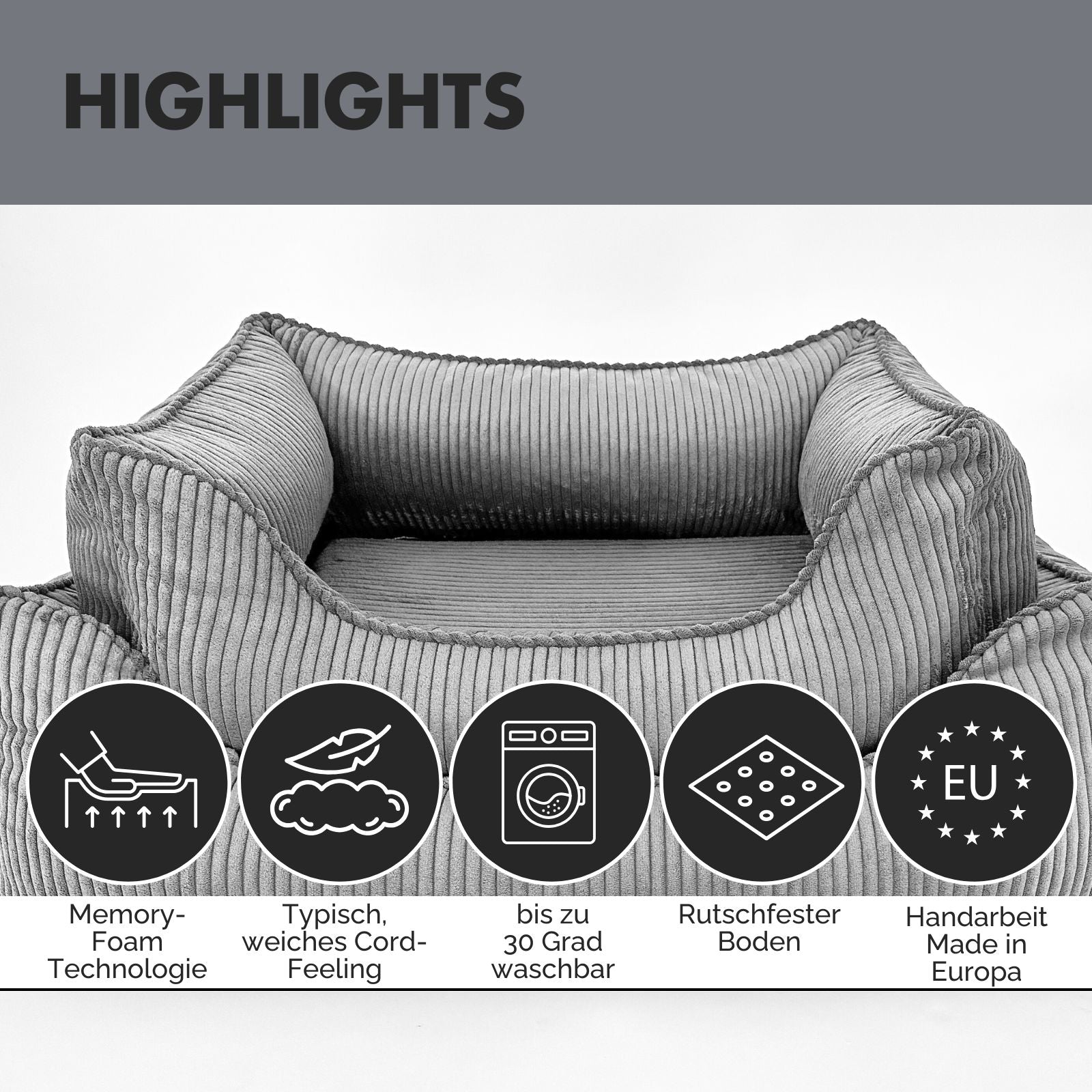 Hundebett ANTON Cord Grau - paw-wow