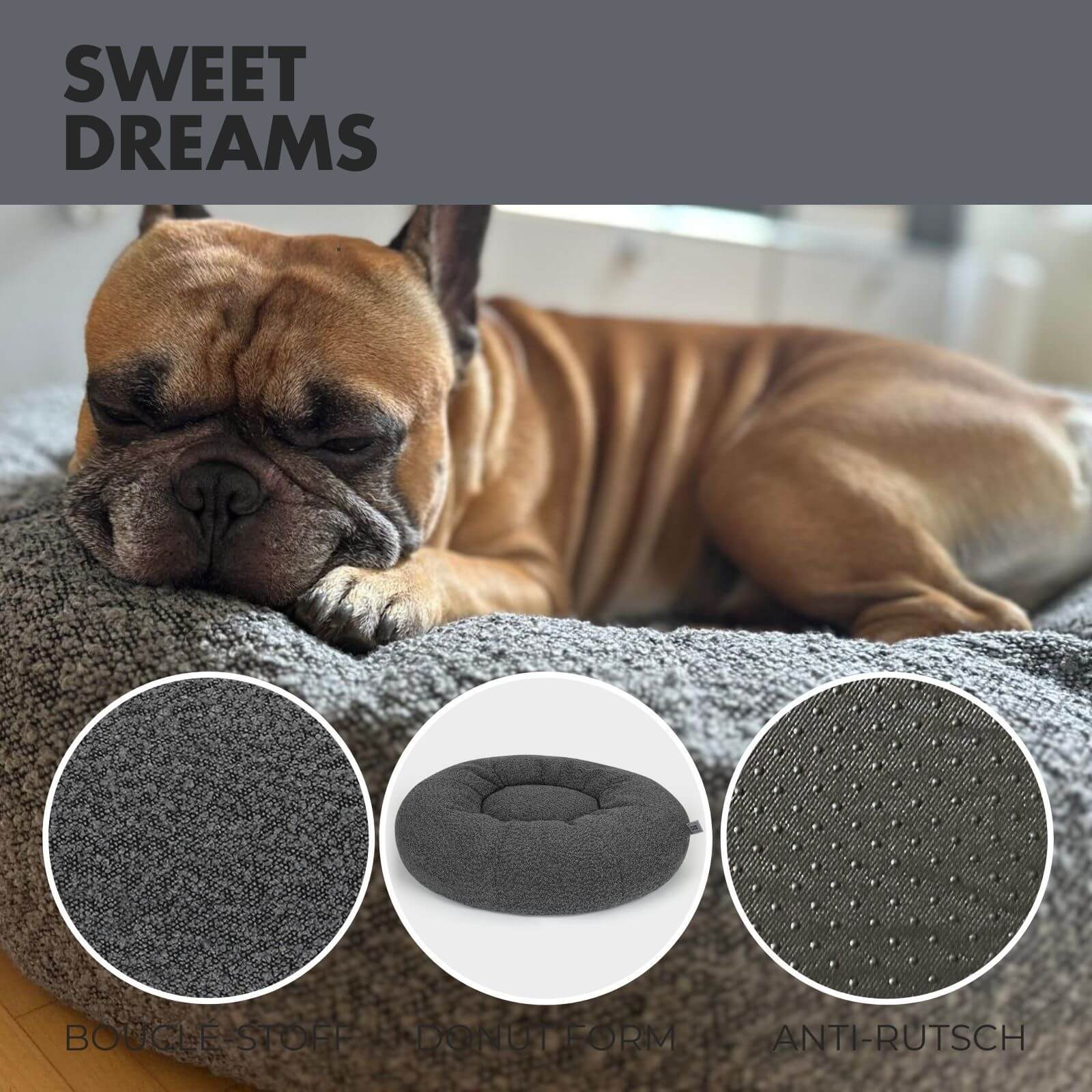 Hundebett LENI Bouclé Grau Ø 80cm - paw-wow